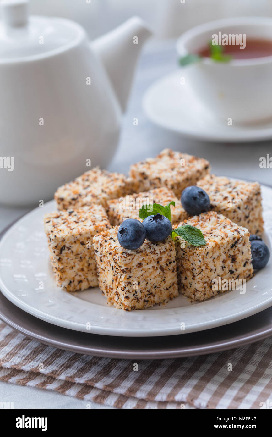 Homemade Sweets Or Candies Pigeon S Milk With A Cup Of Tea Blueberries And Mint Breakfast Stock Photo Alamy