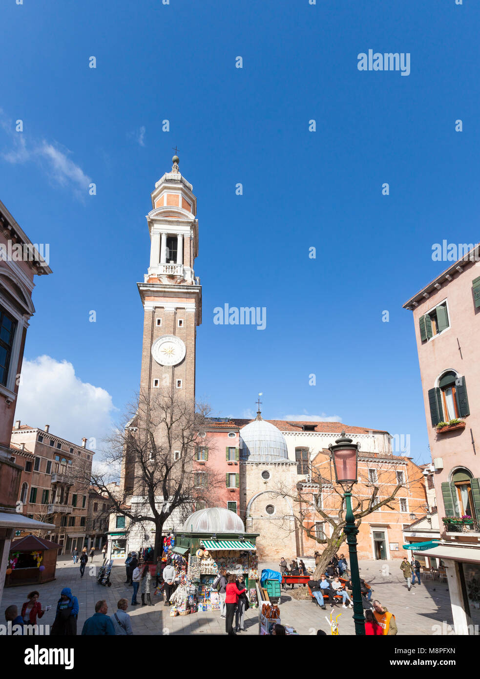 Campo Santi Apostoli, Cannaregio, Venice, Veneto, Italy in a stitched vertical panorama in winter with Chiesa dei Santi Apostoli and its campanile Stock Photo