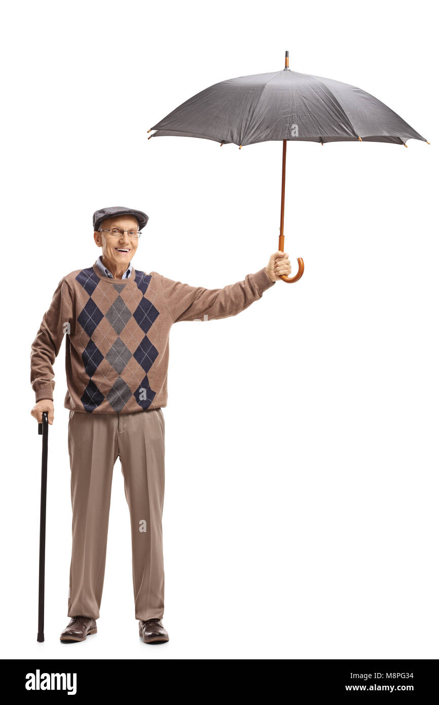Full length portrait of a senior with a cane and an umbrella isolated
