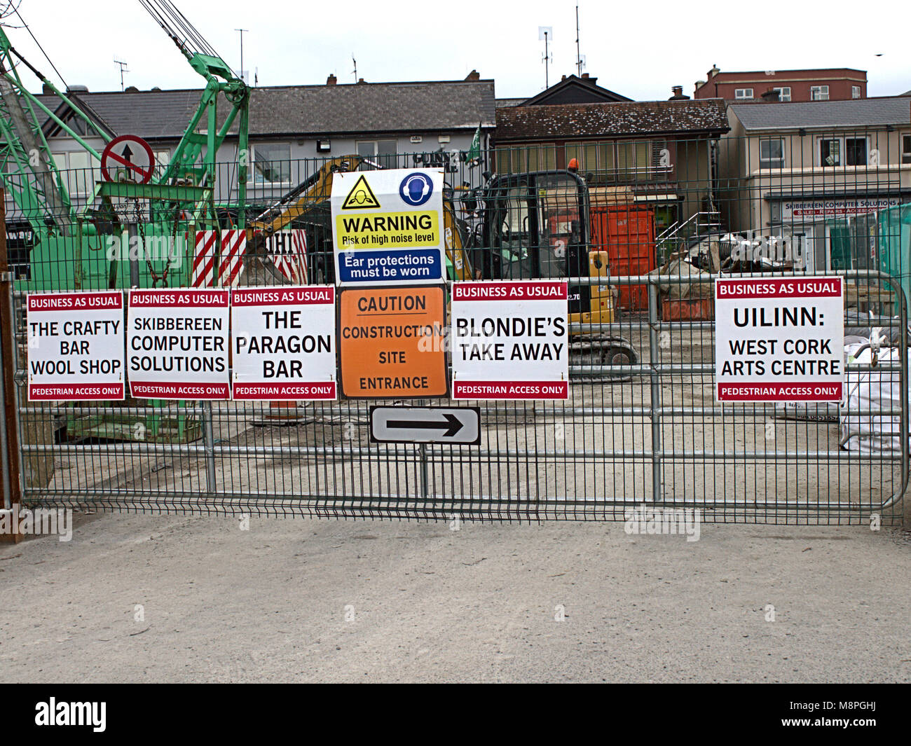 diversion sign to blocked of businesses, caused by a construction site. skibbereen, west cork, ireland. Stock Photo