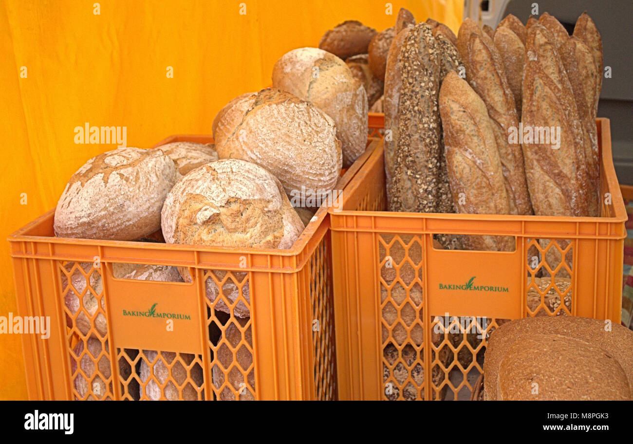 freshly baked bread on sale at the local weekly food market of