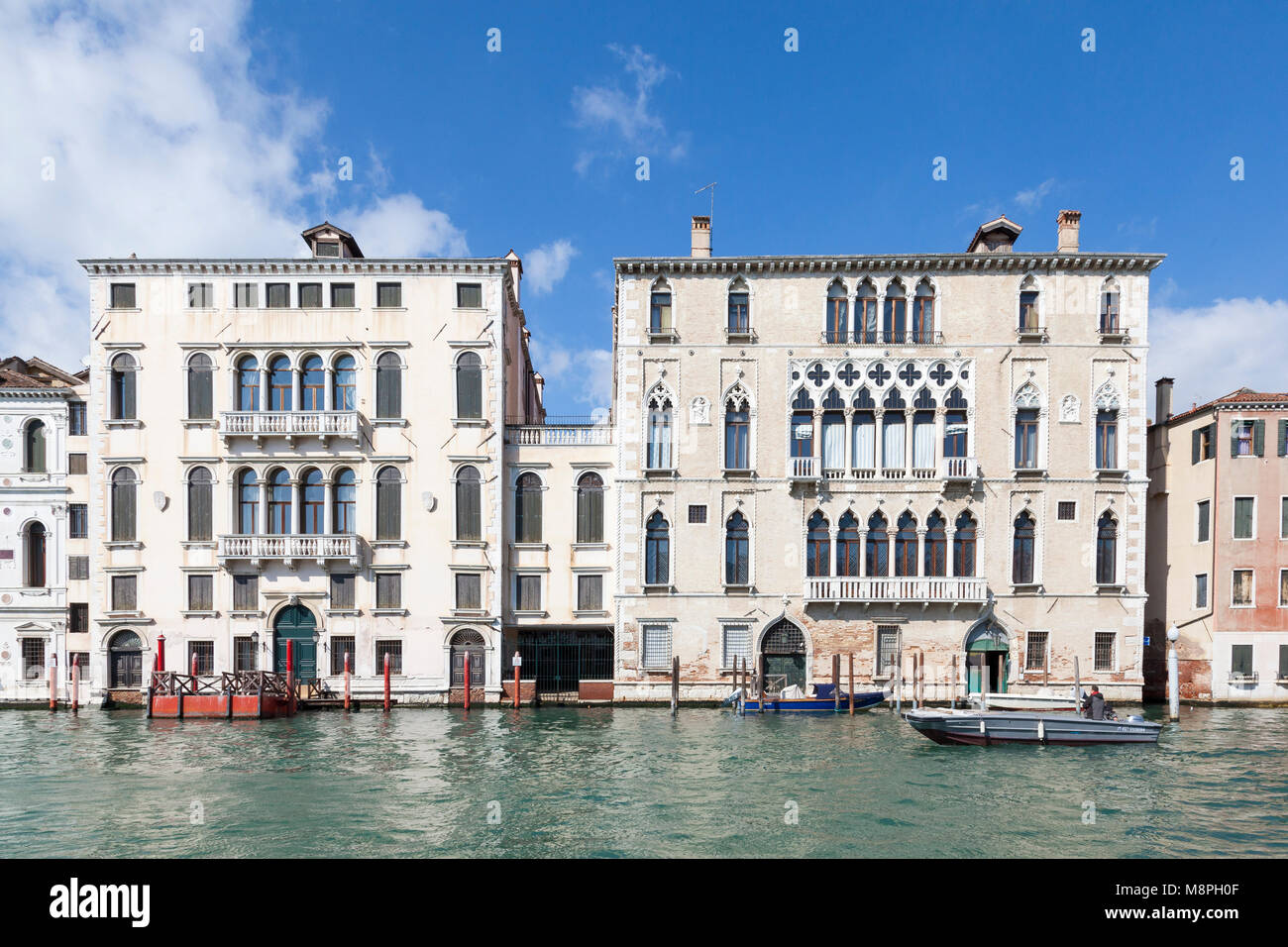 Palazzo Giustinian Querini Dubois and Palazzo Bernado, Grand Canal, Canal Grande, San Polo, Venice, Veneto, Italy  on a sunny blue sky winter day Stock Photo
