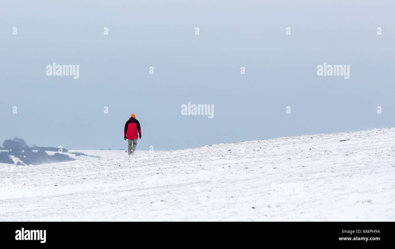 Man in Red Jacket Walks Into the distance Over Snow-Covered Hillside Stock Photo