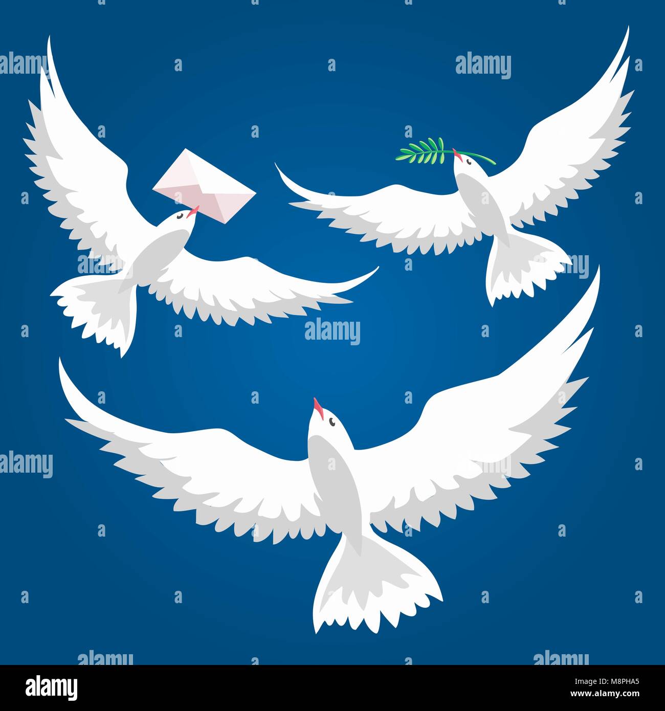 Flying dove set. Dove of Peace flying with olive branch and dove with message in a envelope. White pigeon collection. Vector illustration Stock Vector