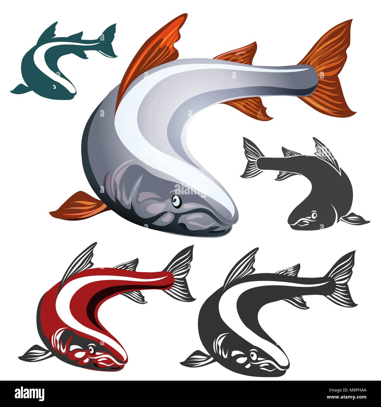 Set of Salmon fish emblem isolated on white background. Vector illustration. Stock Vector