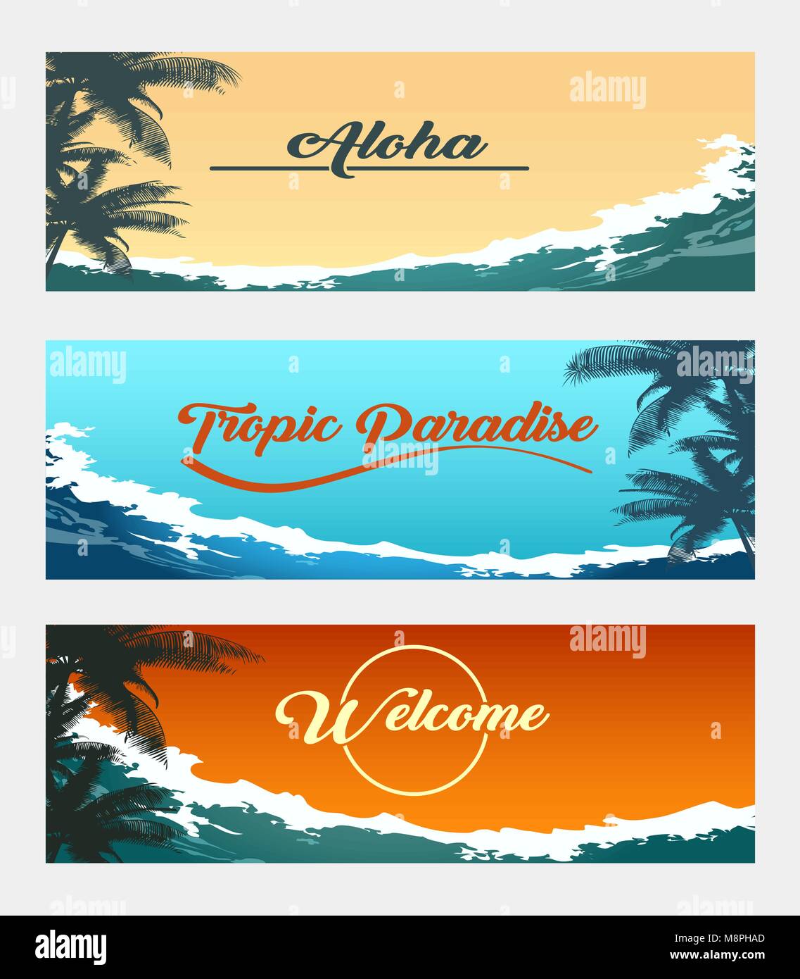 Banner set of travel colorful tropical backgrounds. Ocean waves and palm trees. Vector illustration. Stock Vector