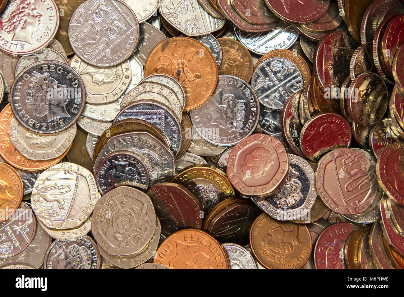 collection of 1p,2p,5p,10p,20,50p and £1 coins Stock Photo