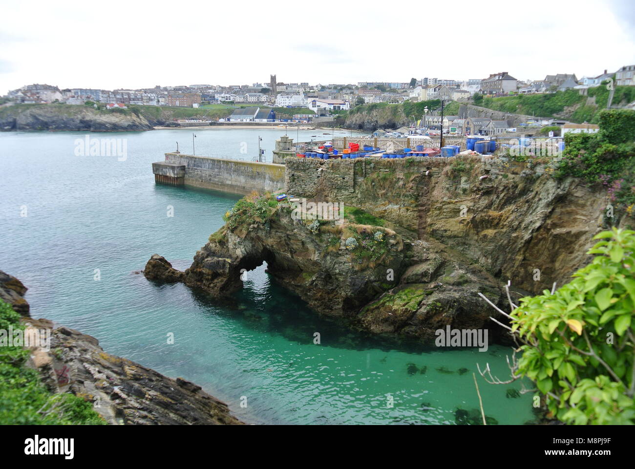 Overlooking the harbour wall at Newquay, Cornwall, England, UK. Stock Photo
