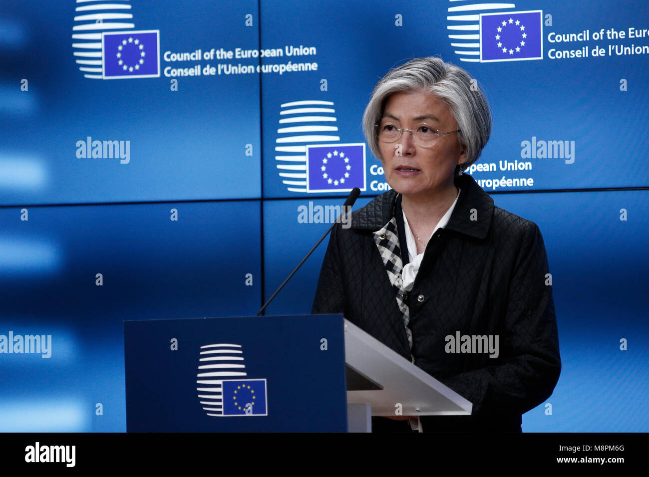 Brussels, Belgium. 19th March 2018. Federica Mogherini, High Representative of the Union for Foreign Affairs and Security Policy and Vice-President of the EC and Kang Kyung-wha, Minister of Foreign Affairs of Republic of Korea give a press conference. Alexandros Michailidis/Alamy Live News Stock Photo