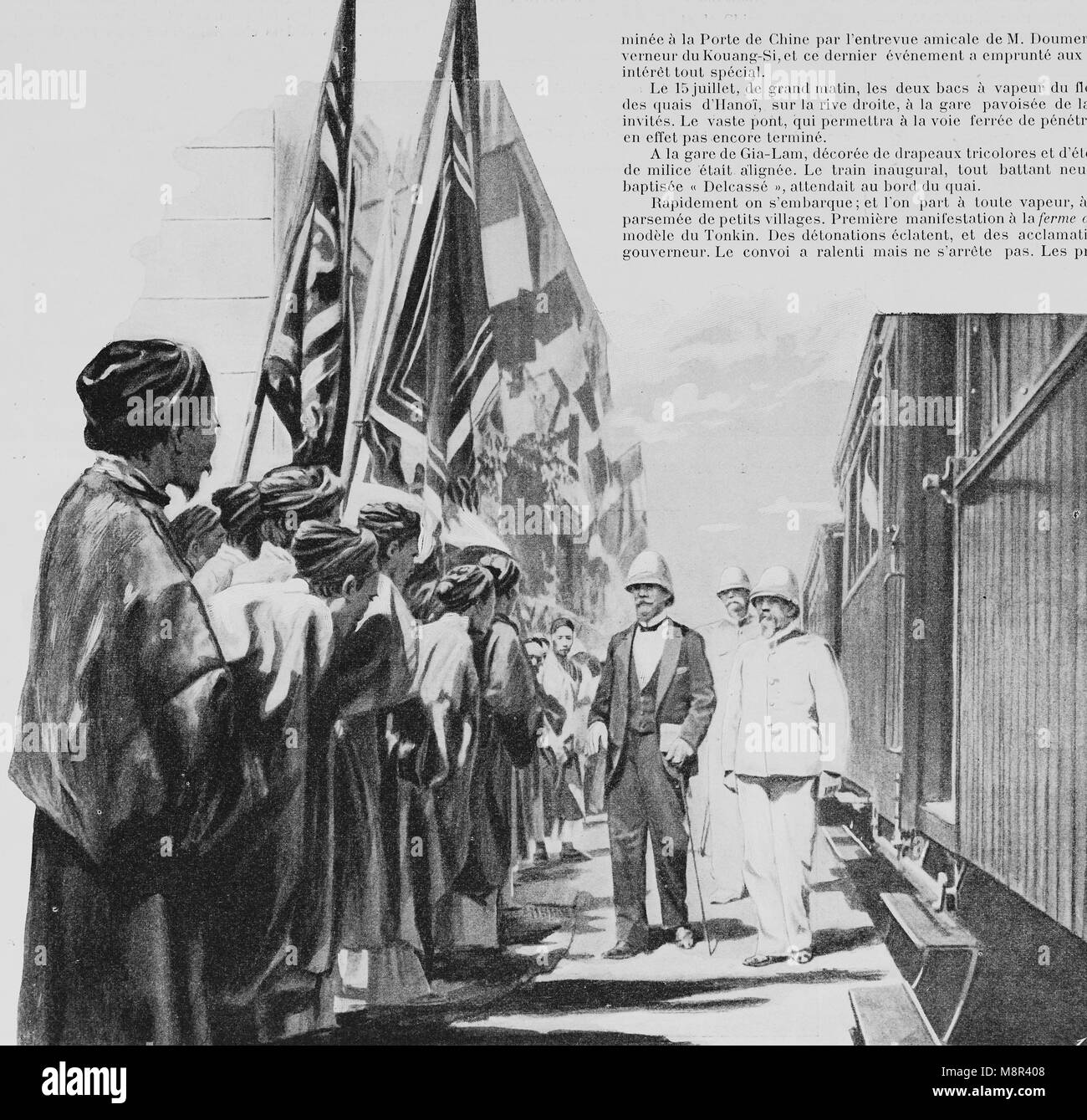 Inauguration of the railway constructed by the France between Hanoi and China in 1900, Picture from the French weekly newspaper l'Illustration, 22d September 1900 Stock Photo