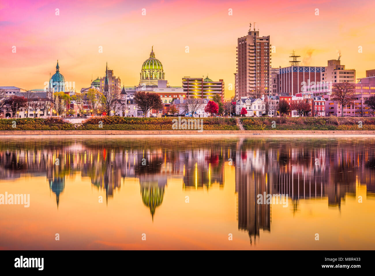 Harrisburg, Pennsylvania, USA skyline on the Susquehanna River at dusk