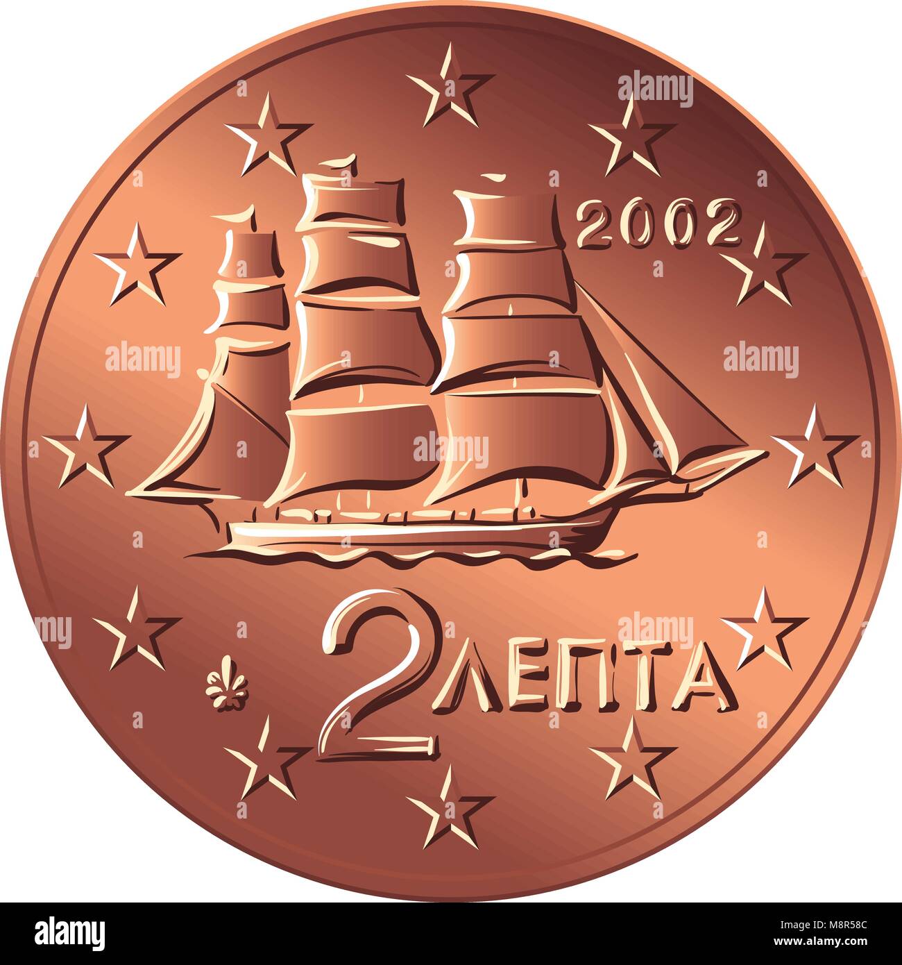 vector Greek money bronze coin two euro cent Stock Vector