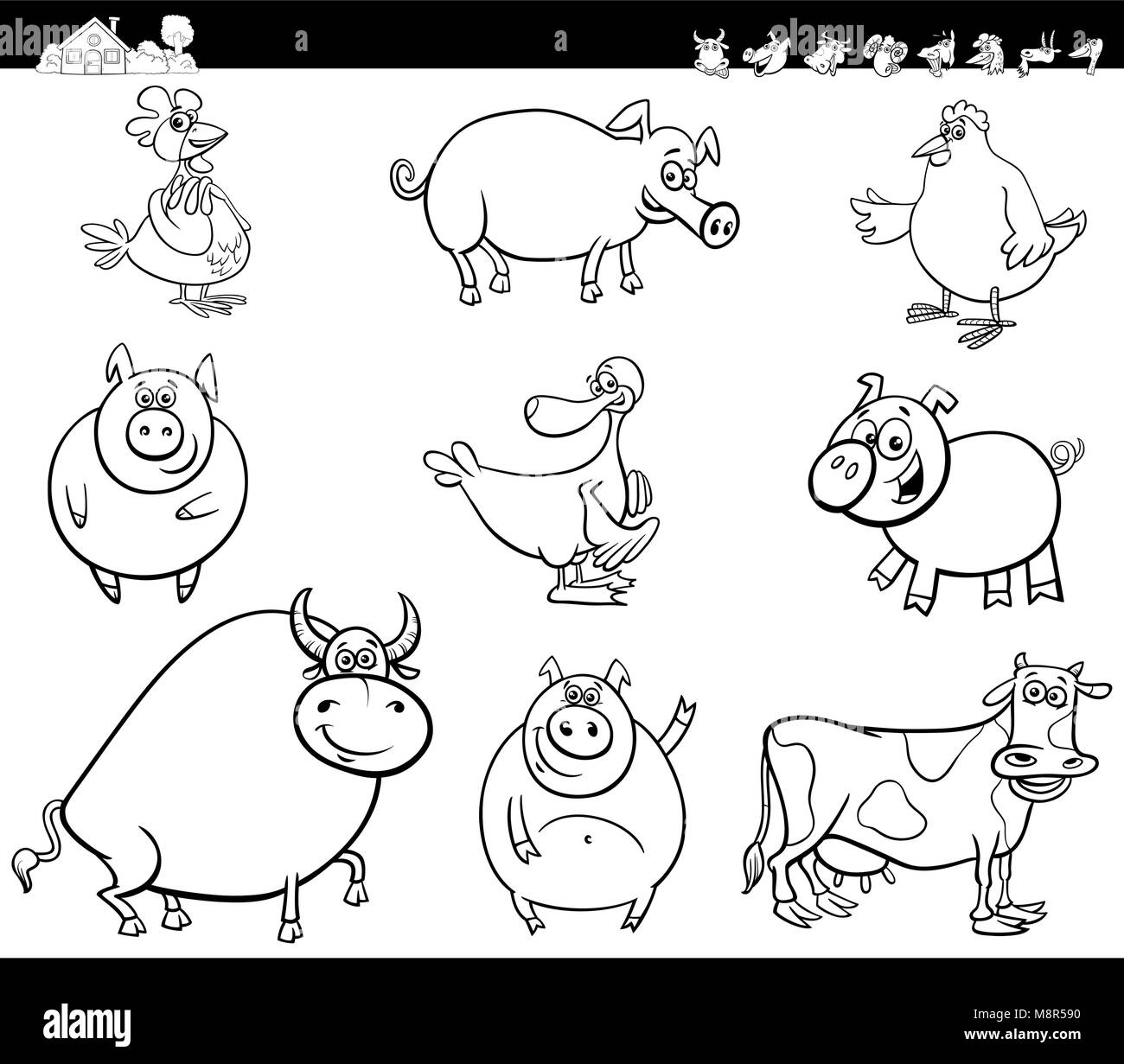 Black and White Cartoon Illustration of Cute Funny Farm Animal