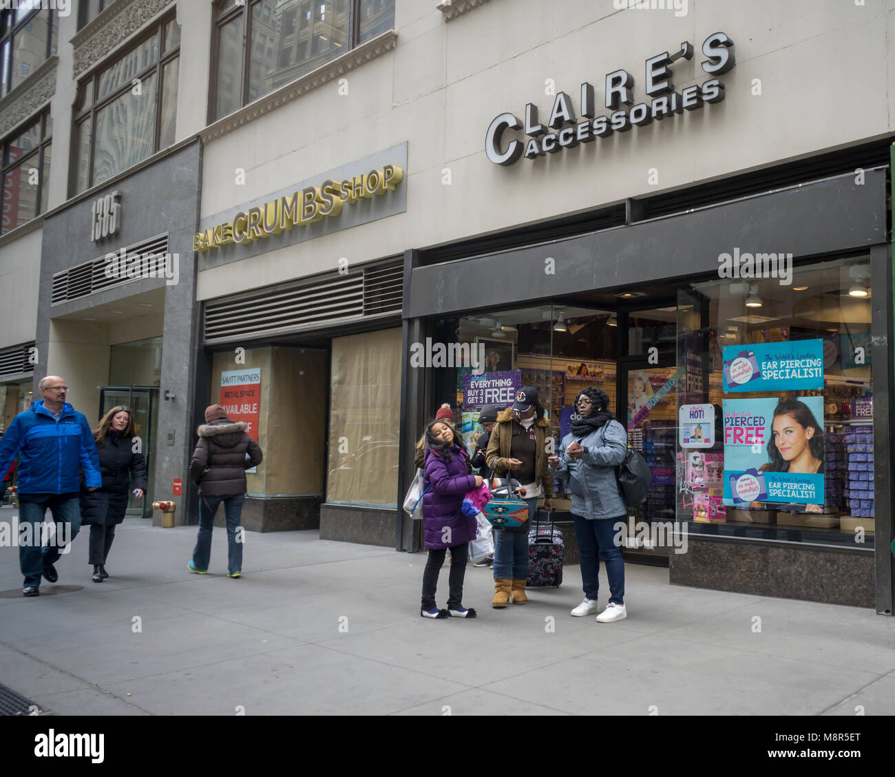 A Claire's Store in Midtown Manhattan in New York on Saturday, March 10, 2018. The retailer, owned by Apollo Global Management, is among the many that have been hit with the perfect storm of online shopping and teens spending their money on electronics. (© Richard B. Levine) Stock Photo