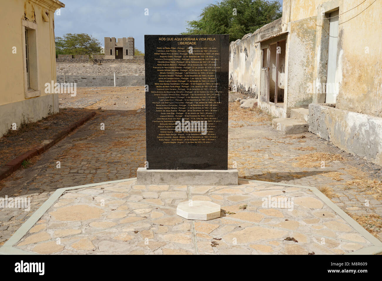 Memorial Tablet: 'Aos que aqui deram a vida pela liberdade', museu do Tarrafal, Tarrafal Camp, Tarrafal, Santiago Island, Cape Verde, Africa Stock Photo