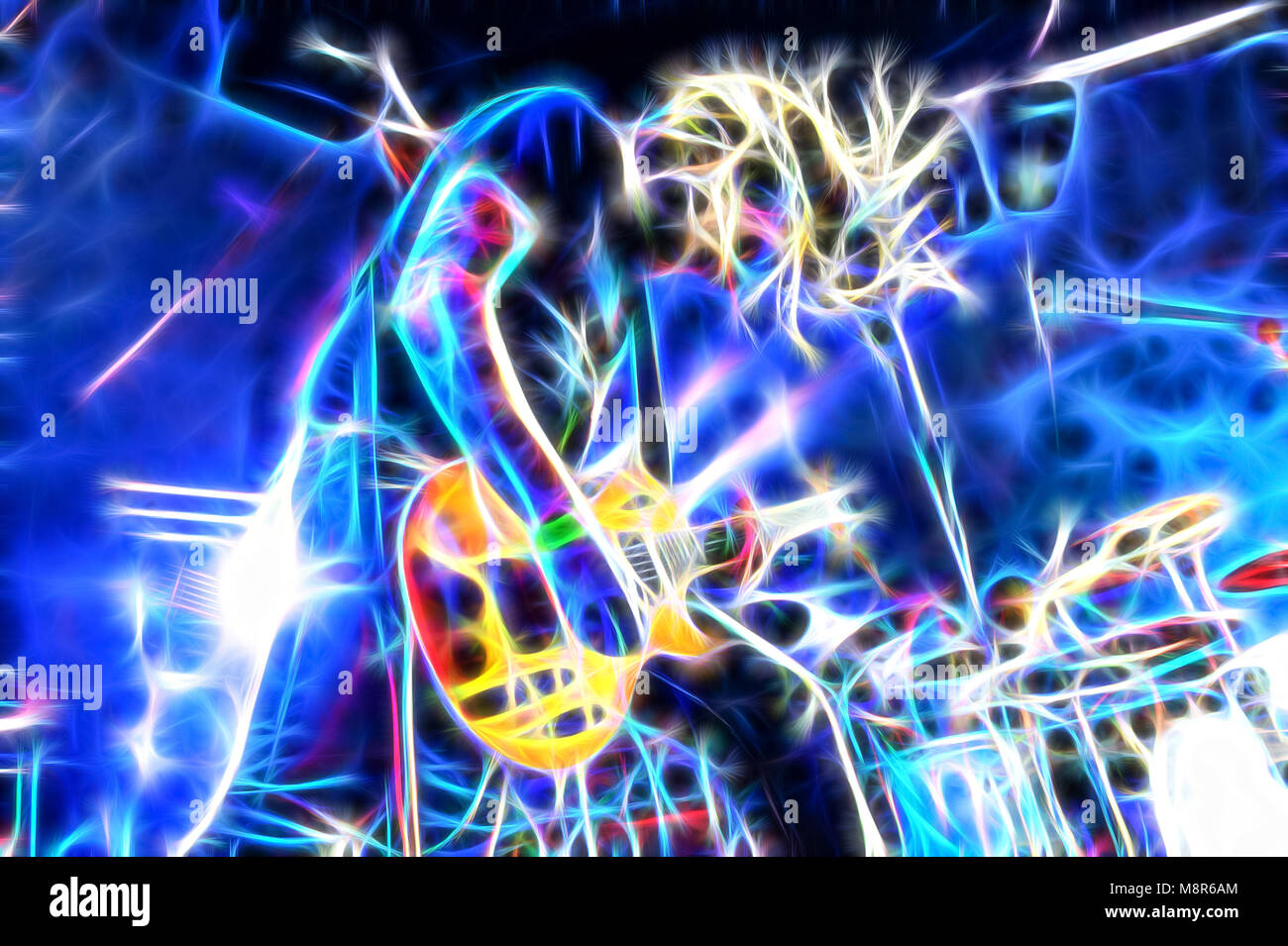 rock music lead guitarist with post process special effect Stock Photo
