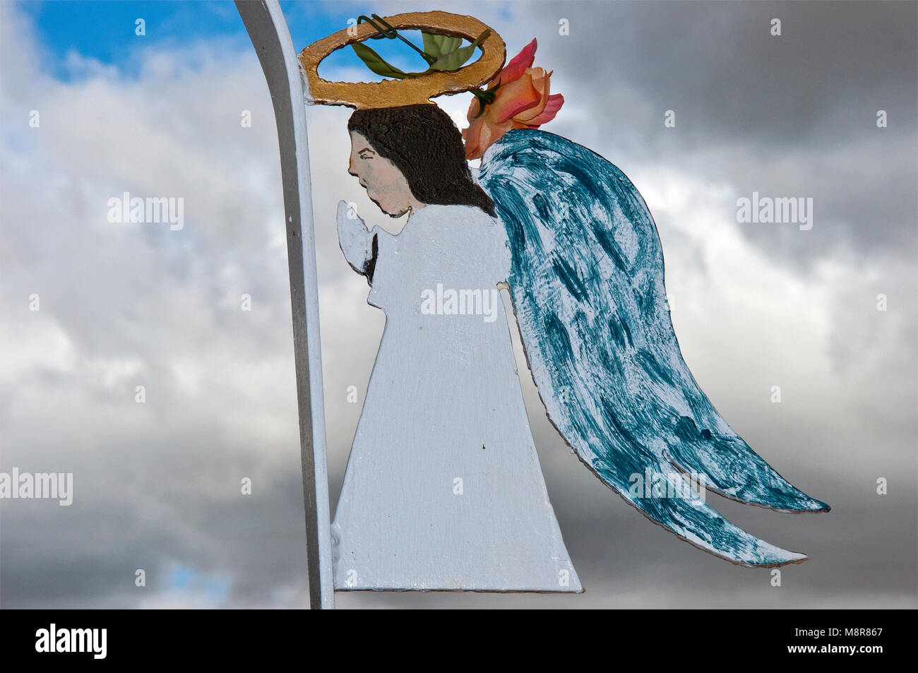 Angel at gate at Our Lady of Sorrows Church in Manzano, New Mexico, USA Stock Photo