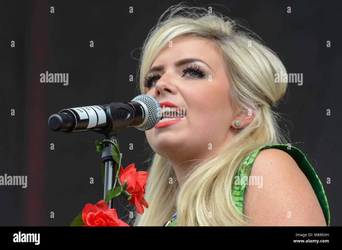 Scarlett's roses singer, Scarlet Rose singing on stage at Chester rocks music festival in 2013, UK Stock Photo