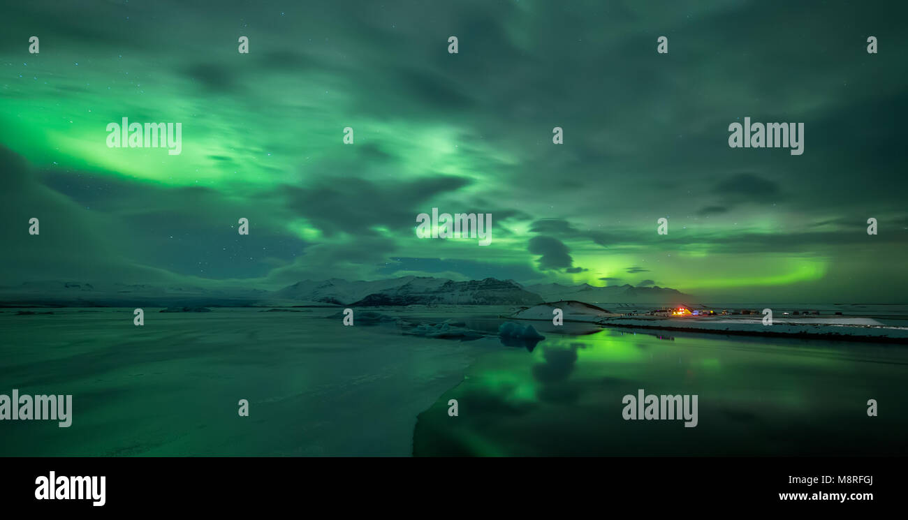 Aurora borealis over Jokulsarlon lagoon in Iceland Stock Photo