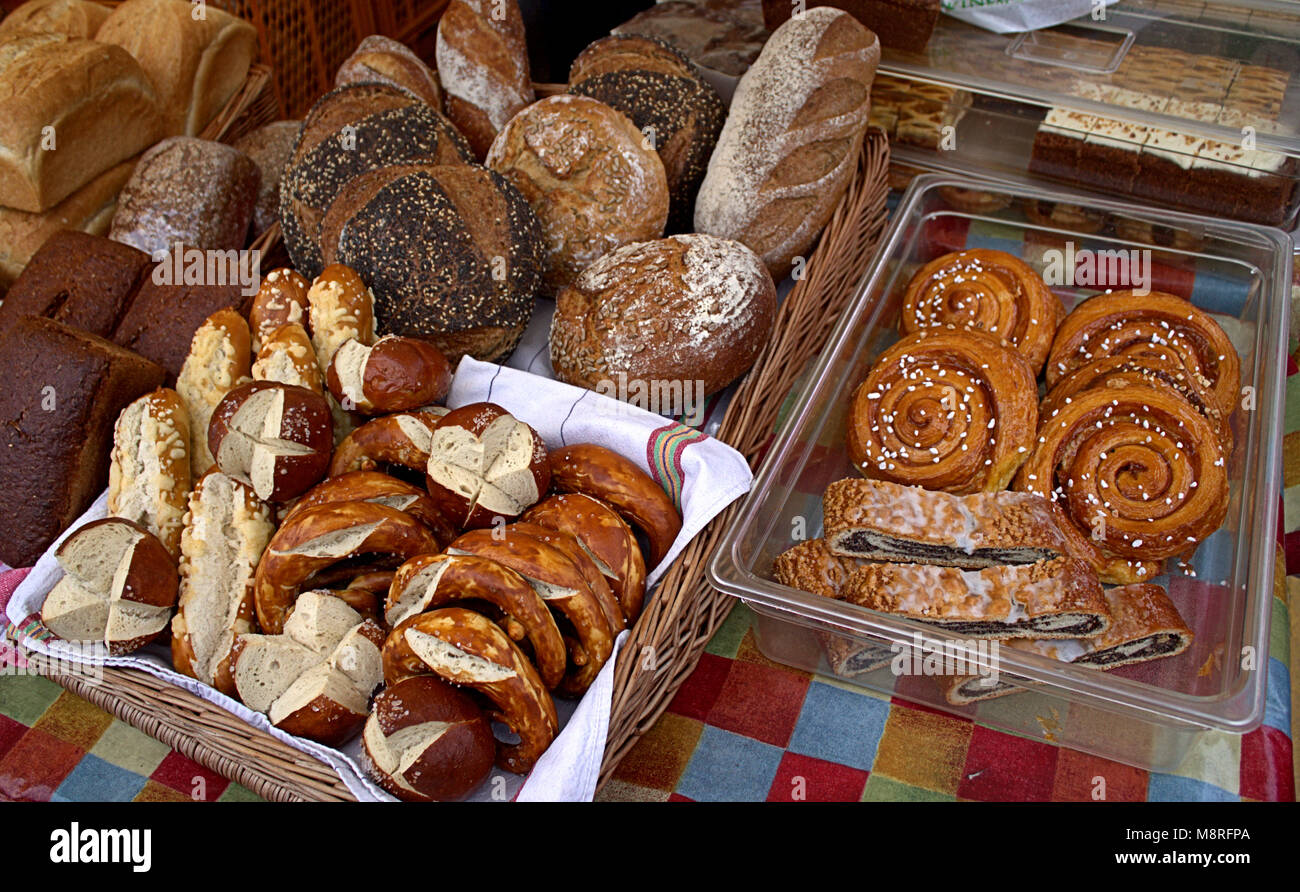 freshly baked bread on sale at the local weekly food  market of skibbereen, west cork. Stock Photo