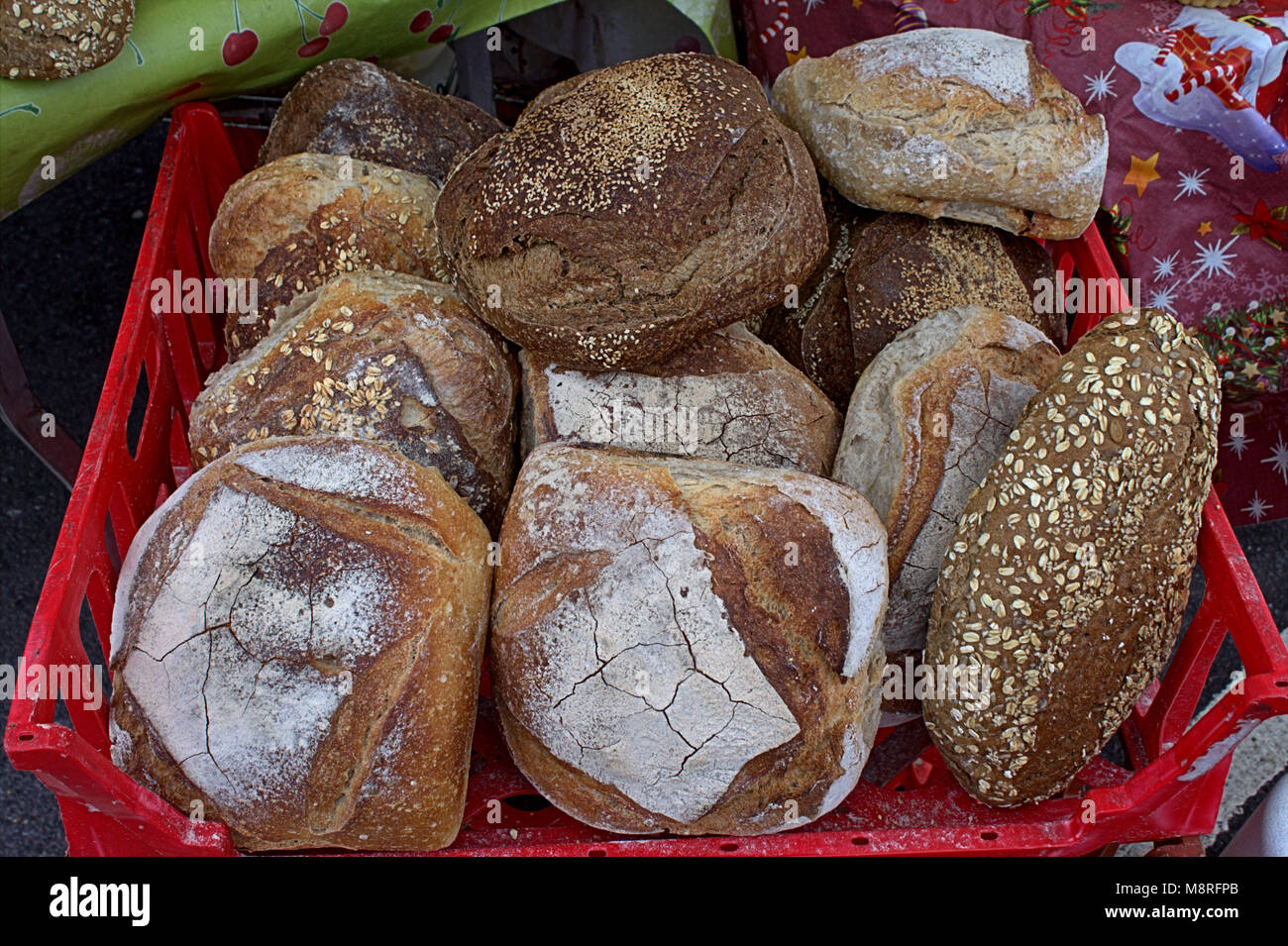 freshly baked bread on sale at the local weekly food  market of skibbereen, west cork. Stock Photo