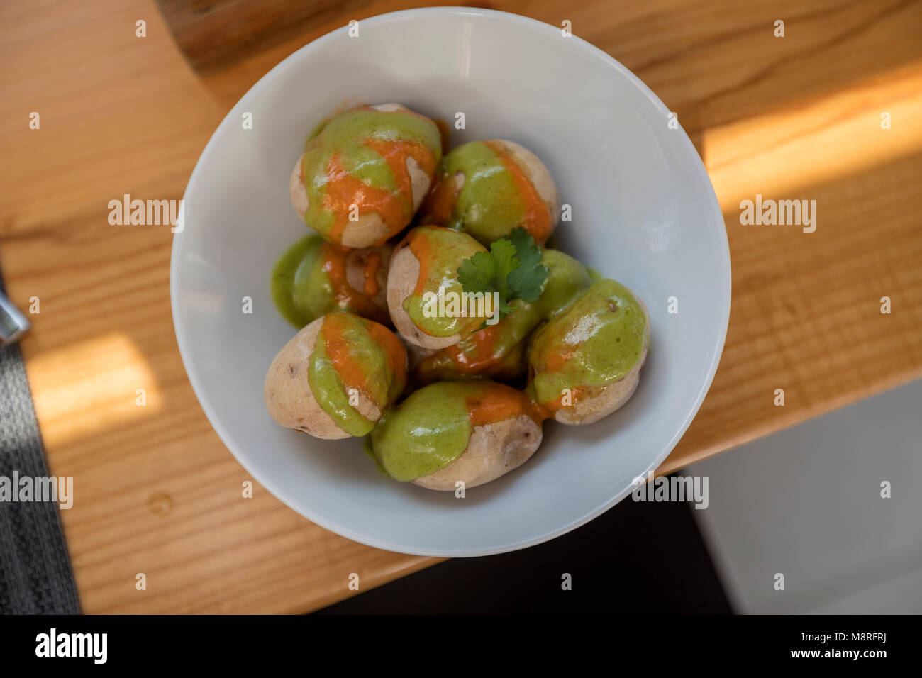 Papas, potatoes, con mojo picon, typical in Canary. La Santa, Lanzarote, Canary islands, Spain Stock Photo