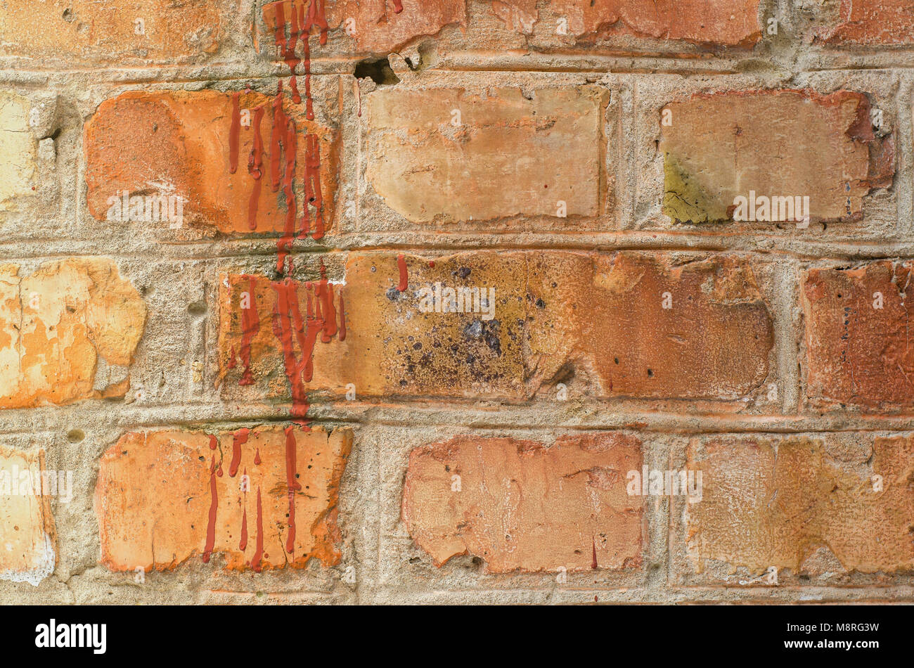 background of old vintage dirty brick wall with peeling plaster ...
