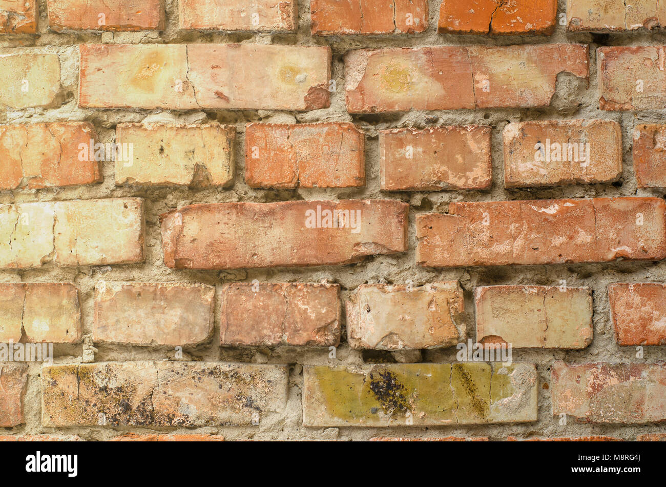 background of old vintage dirty brick wall with peeling plaster ...