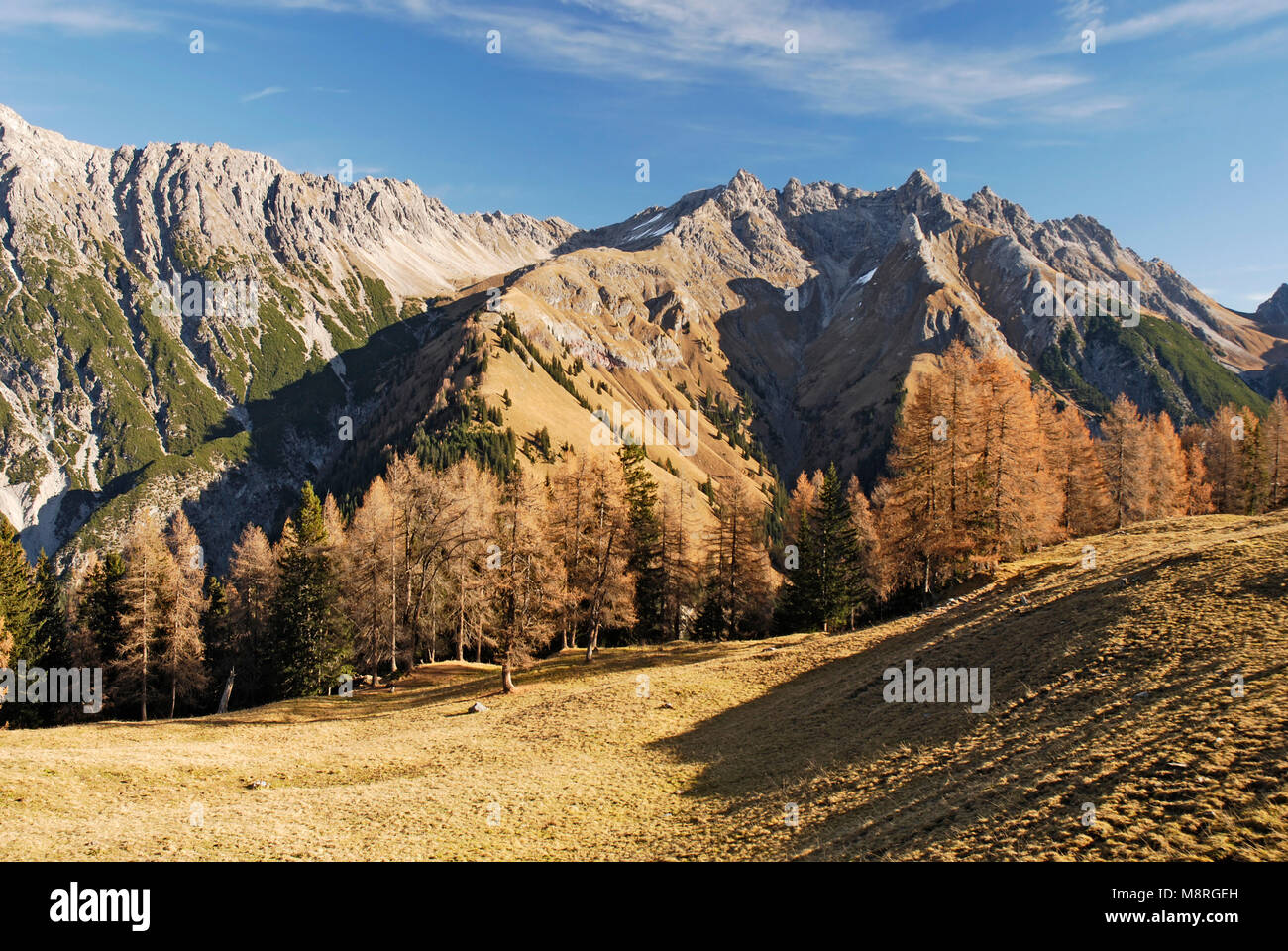 Beautiful autumn scenery in the Lechtal Alps (Austria) at a sunny day with Grossstein and Suedliche Torspitze Stock Photo