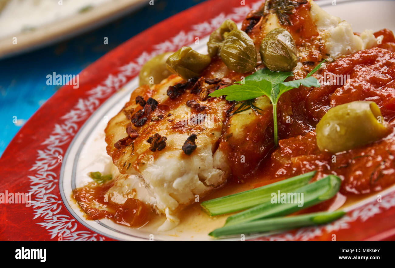 Baccala alla Vesuviana - Salt Cod in a Tomato Sauce, close up Stock Photo