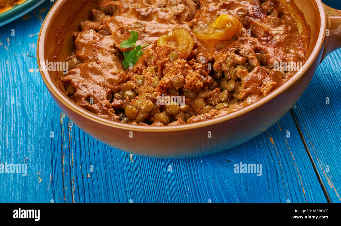 Lentil Bobotie, South African cuisine , Traditional assorted dishes, Top view. Stock Photo