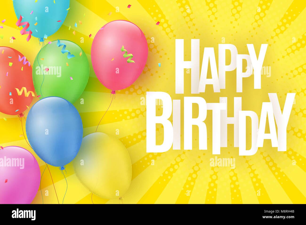 Colorful festive balloons on a cartoon yellow background with halftone and rays. Inscription Happy birthday. Burst of confetti. Greeting card. Vector Stock Vector Image & Art - Alamy Colorful festive balloons on a cartoon yellow background with halftone and rays. Inscription Happy birthday. Burst of confetti. Greeting card. Vector Stock Vector Image & Art - Alamy