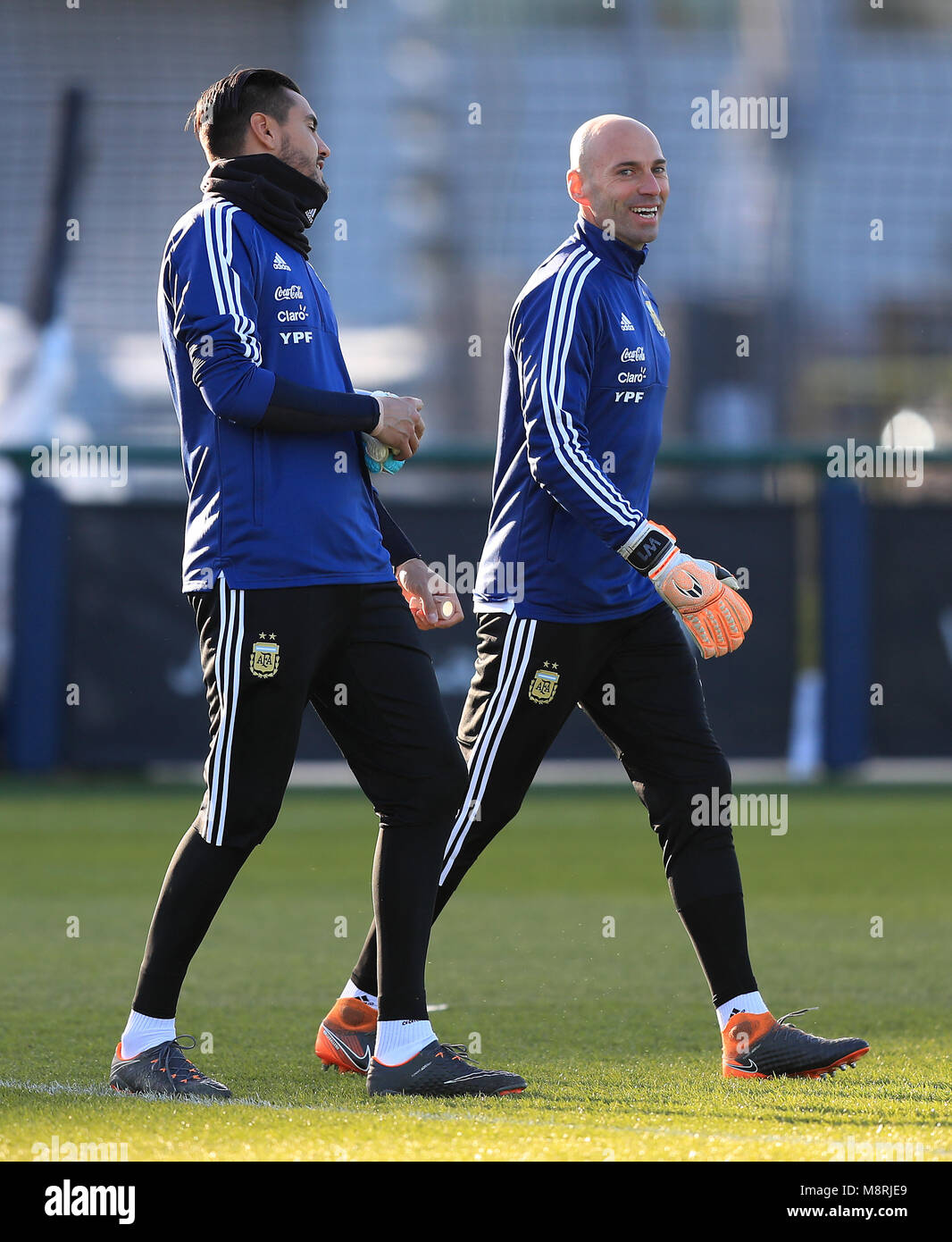 Argentina's goalkeeper Willy Caballero (right) during a training session at the City Football Academy, Manchester. Stock Photo