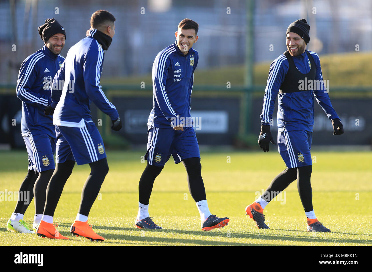 Argentina's Javier Mascherano (left) and Nicolas Otamendi (right) during a training session at the City Football Academy, Manchester. PRESS ASSOCIATION Photo. Picture date: Monday March 19, 2018. See PA story SOCCER Argentina. Photo credit should read: Simon Cooper/PA Wire Stock Photo
