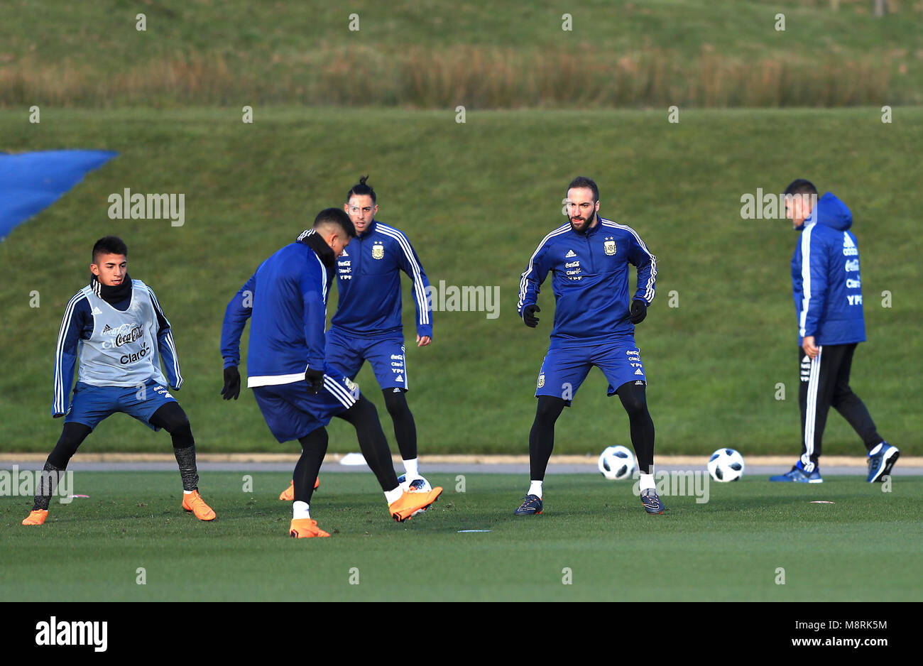 Argentina's Gonzalo Higuain (right) during a training session at the City football Academy, Manchester. PRESS ASSOCIATION Photo. Picture date: Monday March 19, 2018. See PA story soccer Argentina. Photo credit should read: Simon Cooper/PA Wire Stock Photo
