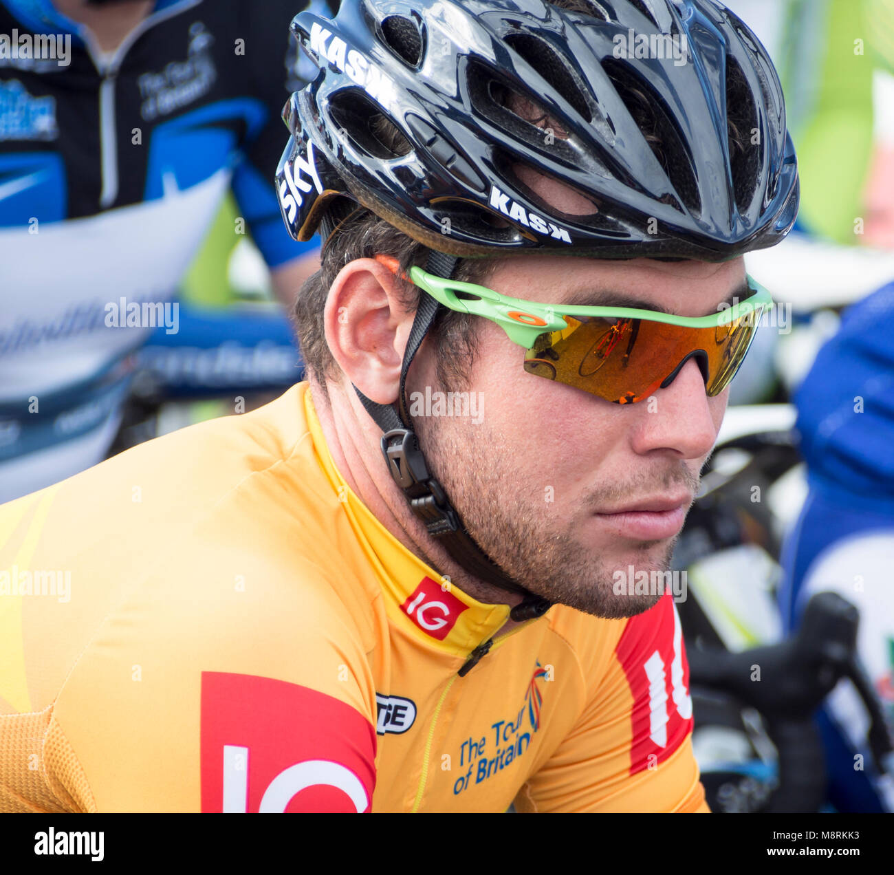 Mark Cavendish, professional road cyclist at the start of the Tour of Britain at Trentham Gardens in Stoke on Trent Staffordshire Stock Photo