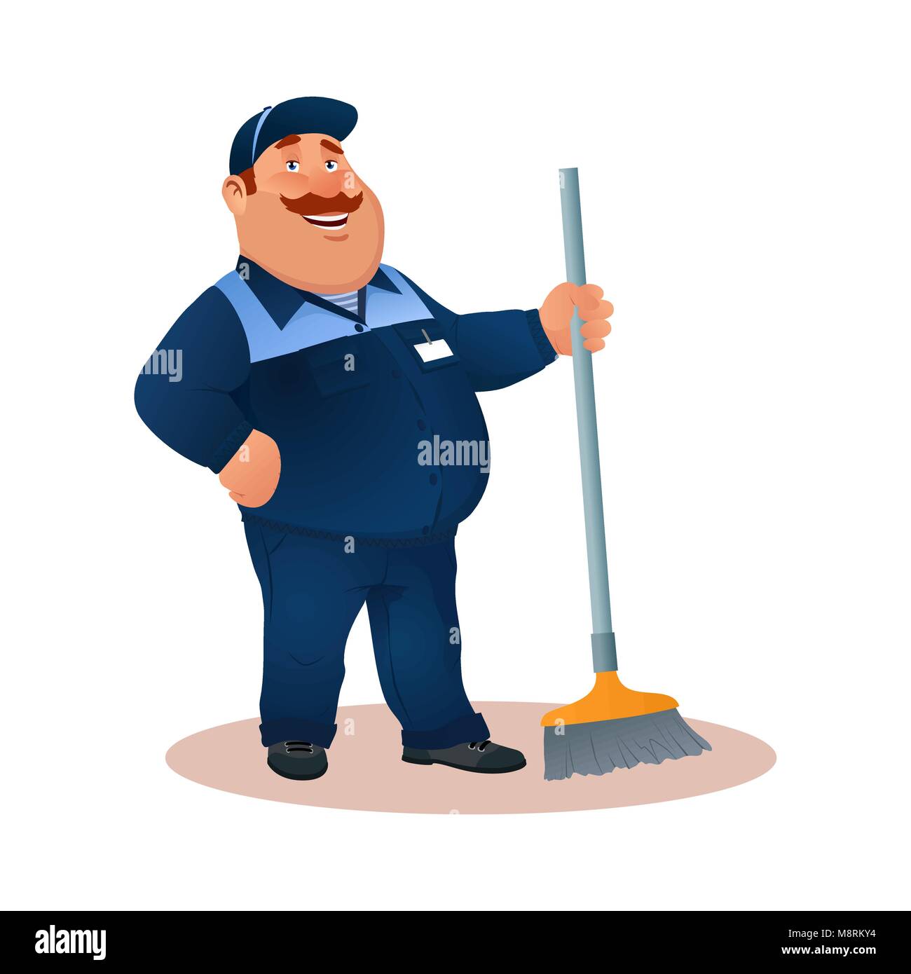 Smiling cartoon janitor with mop. Funny fat character in blue suit with broom. Happy flat cleaner in uniform from janitorial service or office cleaning. Colorful vector illustration. Stock Vector