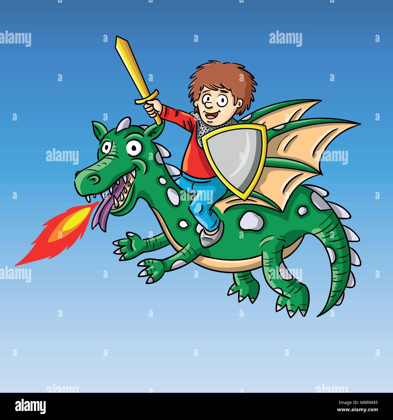 Funny vector illustration of child as a knight on a flying dragon. Stock Vector
