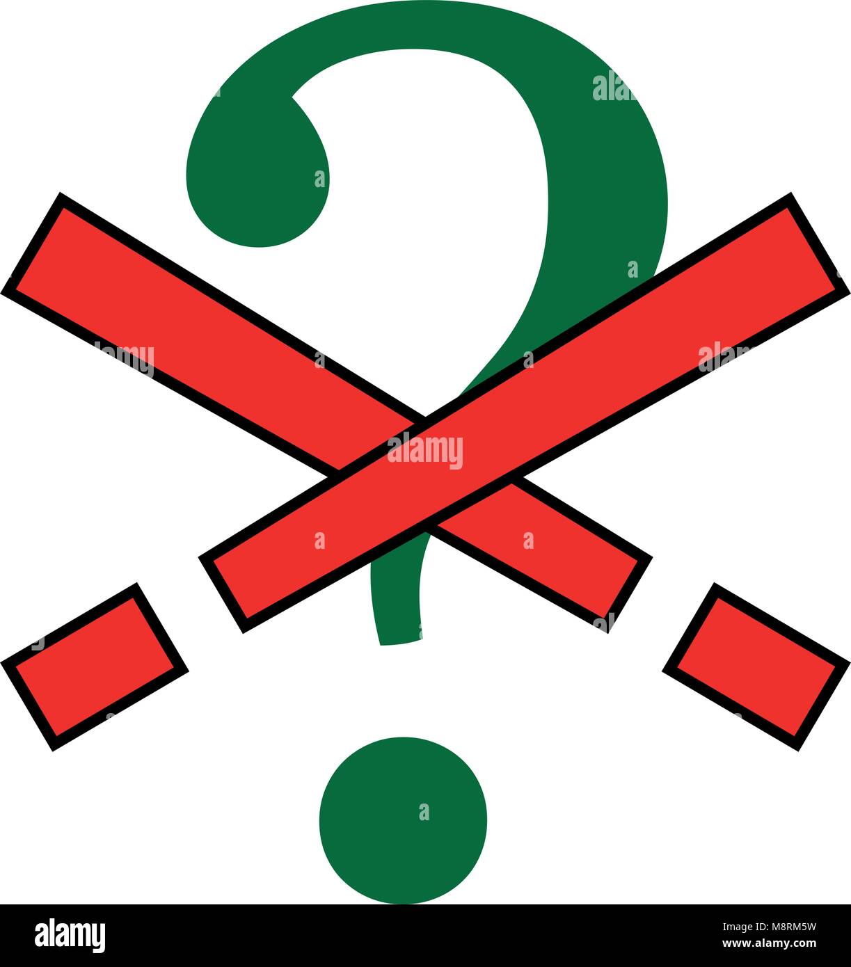 Vector illustration of question mark crossed out by 2 exclamation points as a visual metaphor of freedom of speech, questioning the power, status quo, Stock Vector