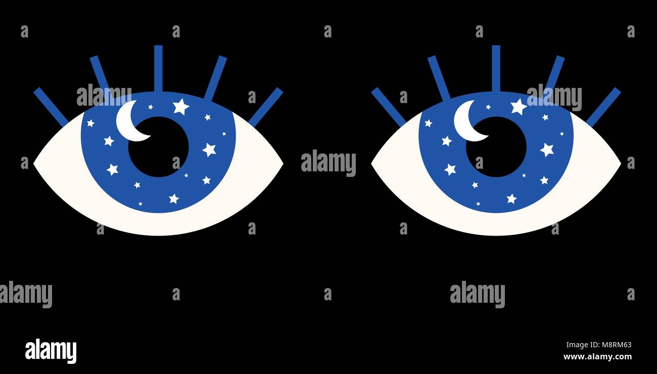 Funny vector illustration of seamless eyes with fixed gaze. Inside their pupils there are stars and a moon as a visual metaphor; the eyes of the night Stock Vector