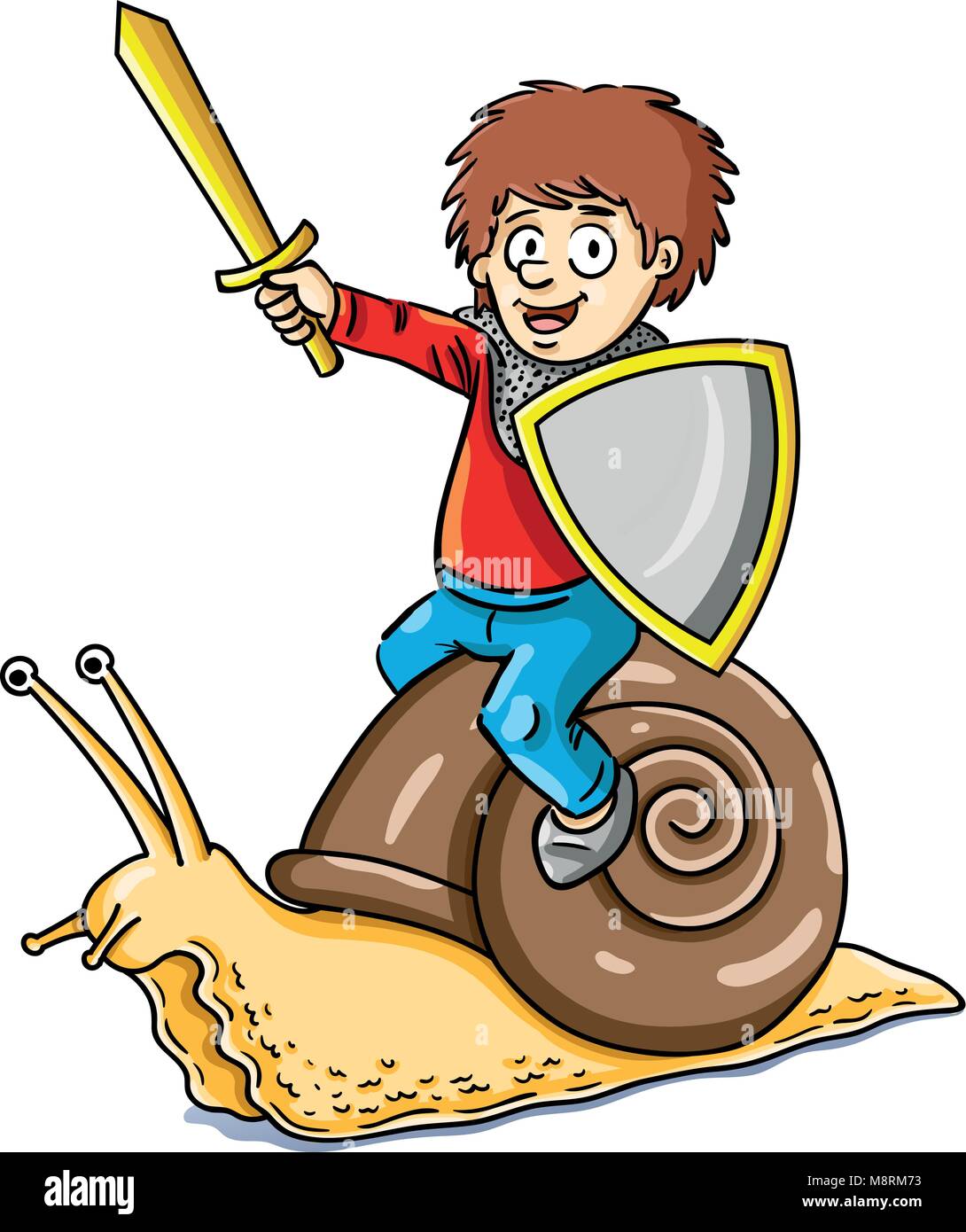Funny vector illustration of child as a knight mounted on a conch snail. Stock Vector