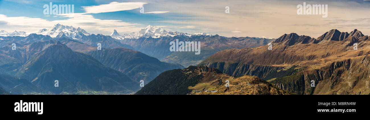 Panoramic view on Swiss Alps from Bettmeralp. In background is visible famous Matterhorn and Monte Rosa massif with highest peak Dufourspitze Stock Photo