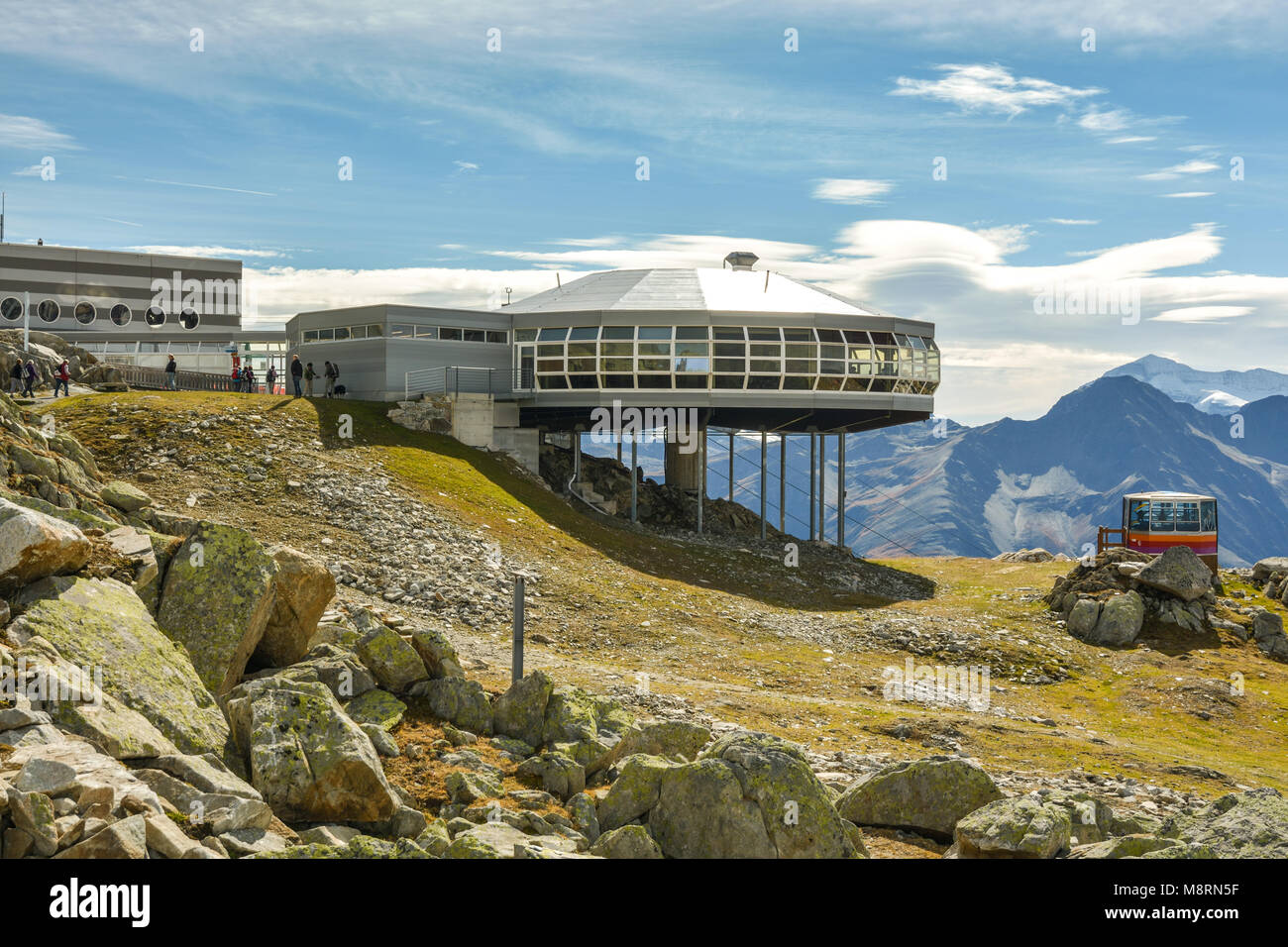 BETTMERALP, SWITZERLAND - OCTOBER 2017 - Cable way station on top of Bettmerhorn summit in Swiss Alps near Bettmeralp Stock Photo