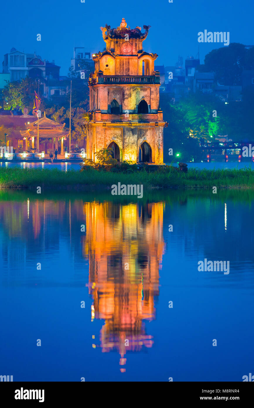Hoan Kiem Lake,view at dusk of the historic pavilion on Hoan Kiem Lake in central Hanoi called the Tortoise -or Turtle -Tower (Thap Rua), Vietnam. Stock Photo