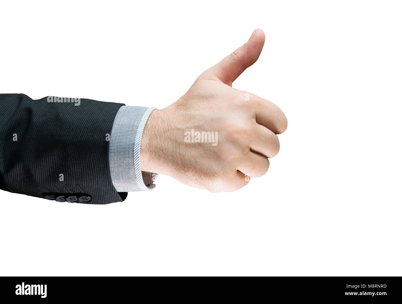 Businessman showing OK sign with his thumb up isolated with white background. Success business deal. Businessman in a suit shows a sign ok fingers of Stock Photo