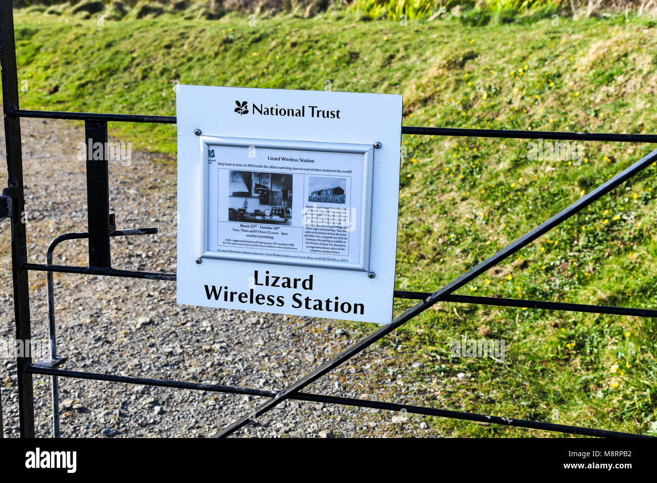 A National Trust sign on a gate outside the Lloyd's Signal Station on the Lizard Peninsula, Cornwall, South West England, UK Stock Photo