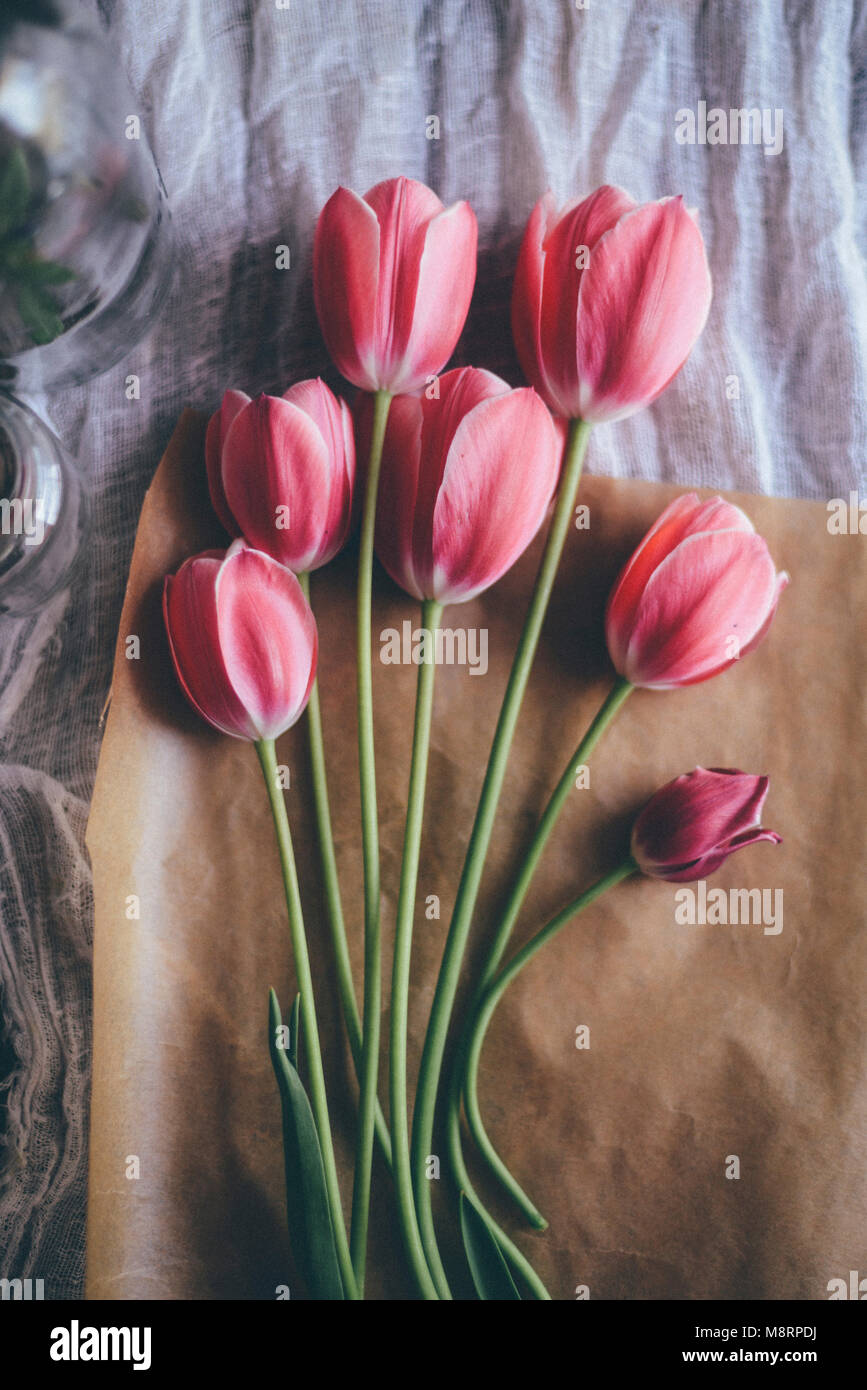 Bunch Of Rainbow Tulips In Brown Paper Wrap High-Res Stock Photo