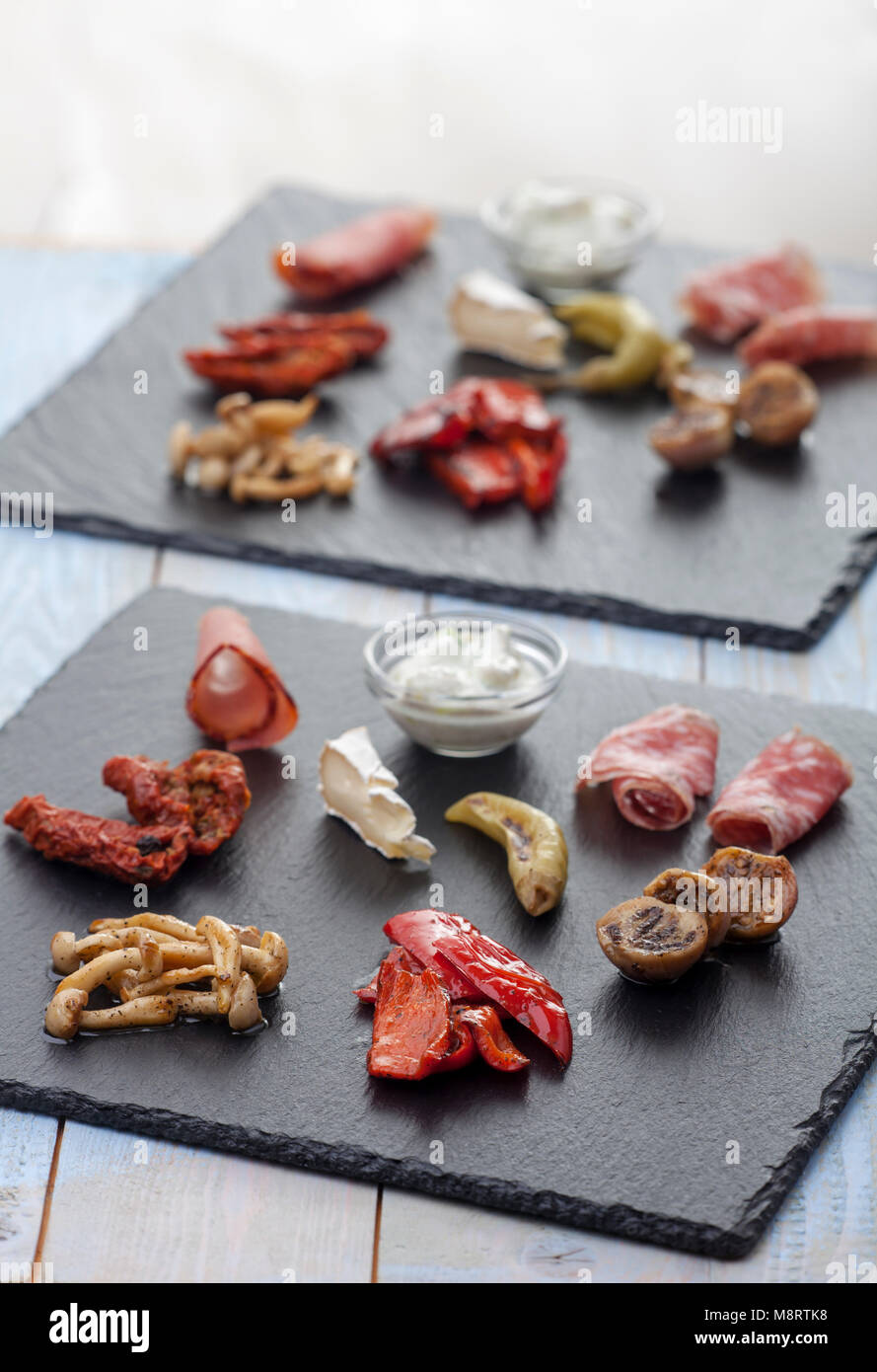 italian antipasti misti on slate Stock Photo Alamy