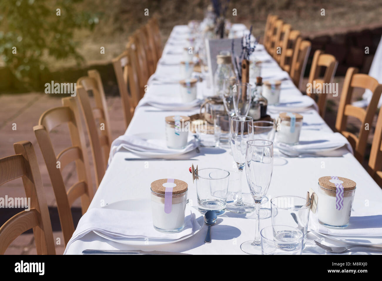 High angle view of place setting on dining table at wedding ceremony Stock Photo
