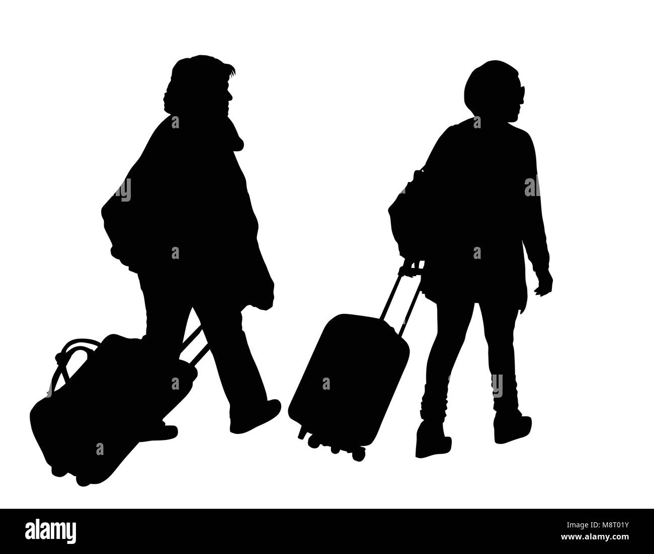 Two woman silhouettes with suitcase on white background, vector illustration Stock Vector